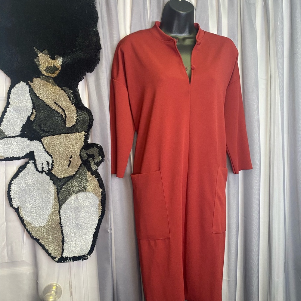 Zara Basic Rust Shift Midi Dress 3/4 Sleeve Mandarin Collar Pockets